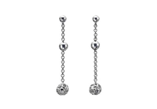 Rhodium Plated Silver & Diamond Ball Drop Earrings