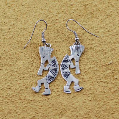 Sterling Silver Patterned Kokopelli Earrings