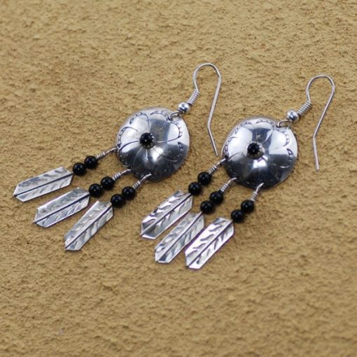 3 Feather Spirit Shield Earrings With Black Obsidian