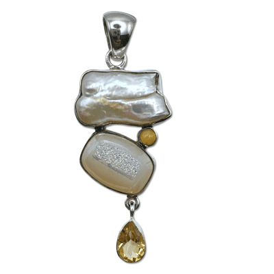 Pearl, Angel Druzy, Citrine and Opal Pendant 13g