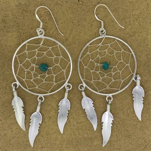 Dream Catcher Triple Feather with Turquoise Earrings