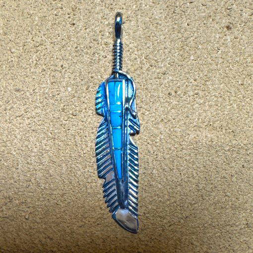 Turquoise Navajo Inlay Feather Pendant By Jimmy Hoskie 7.1g
