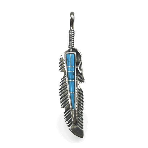 Turquoise Navajo Inlay Feather Pendant By Jimmy Hoskie 7.1g - Image 2