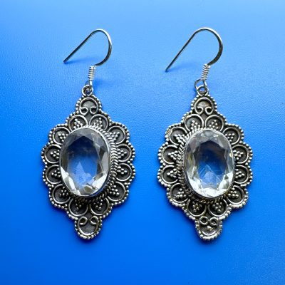 Clear Quartz Oval Ornate Drop Earrings 11.5g