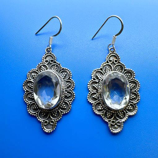 Clear Quartz Oval Ornate Drop Earrings 11.5g