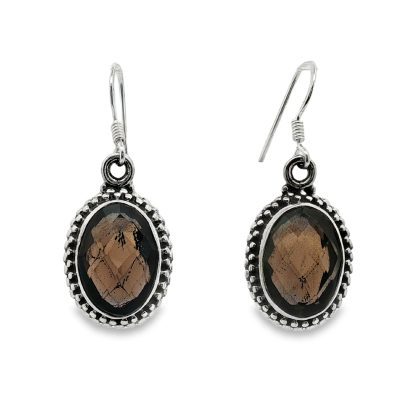 Smoky Quartz Oval Ornate Drop Earrings 7.5g