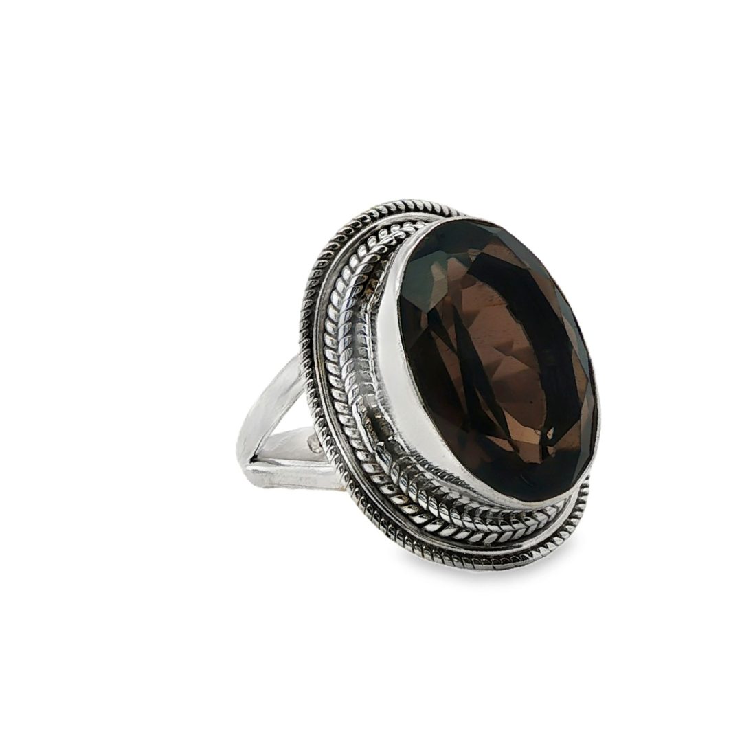 Smoky Quartz Oval Ornate Ring Size R