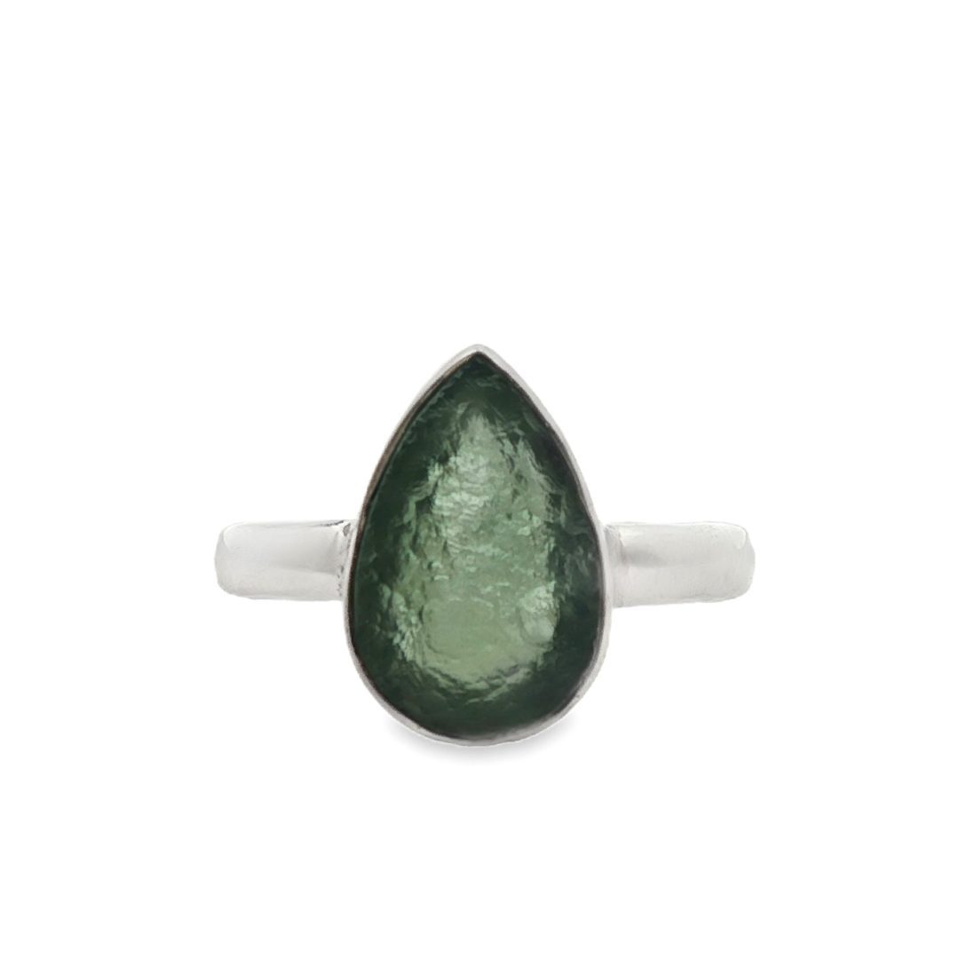 Moldavite Pear Drop Ring Size O