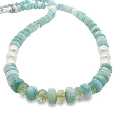 Handcrafted Larimar, Pearl, Aquamarine & Herkimer Beaded Necklace