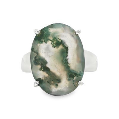 Moss Agate Oval Claw Set Ring Size R