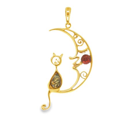 Amber Gold Plated Silver Cat On The Moon Pendant 3.8g