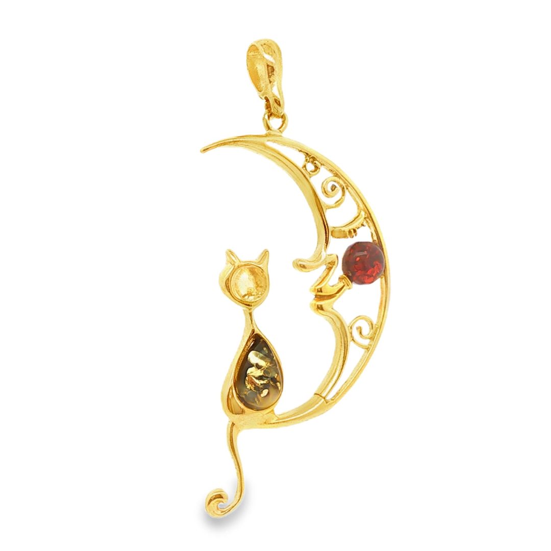 Amber Gold Plated Silver Cat On The Moon Pendant 3.8g - Image 2