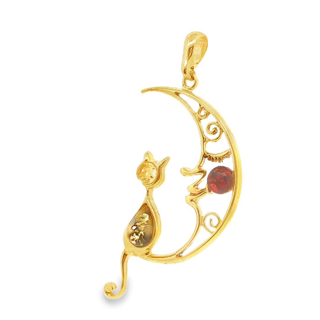Amber Gold Plated Silver Cat On The Moon Pendant 3.8g - Image 3