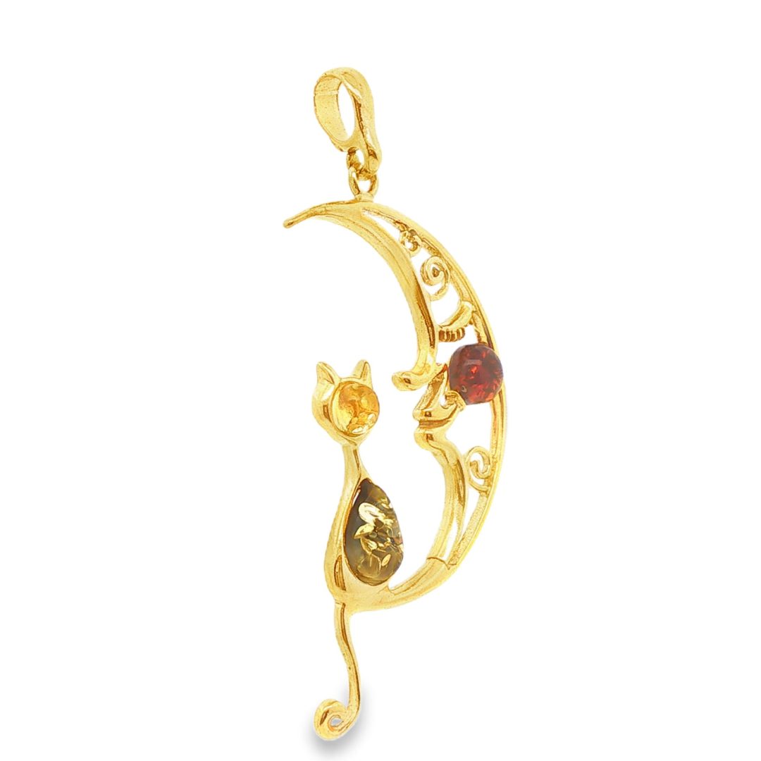 Amber Gold Plated Silver Cat On The Moon Pendant 3.8g - Image 4