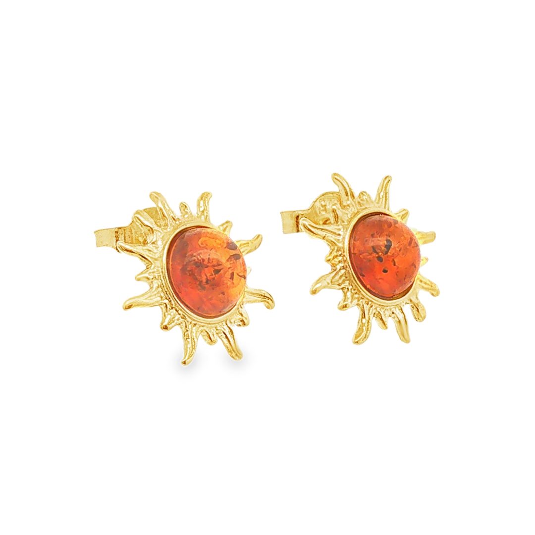 Amber Gold Plated Silver Sun Stud Earrings 1.6g - Image 2