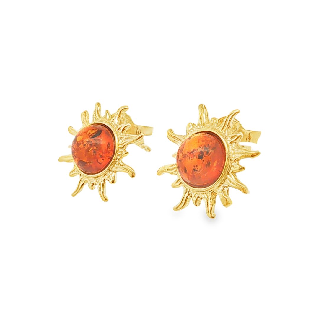 Amber Gold Plated Silver Sun Stud Earrings 1.6g - Image 3