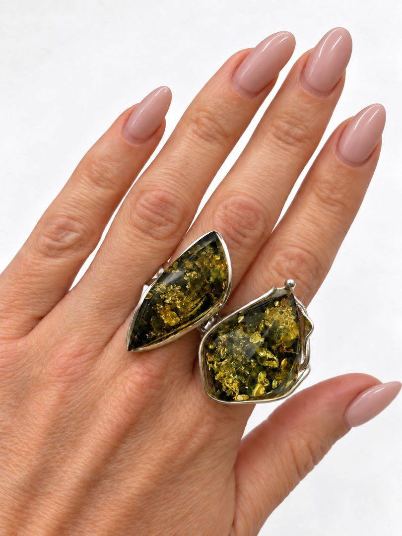 Green Amber Large Ring Size P - Image 6