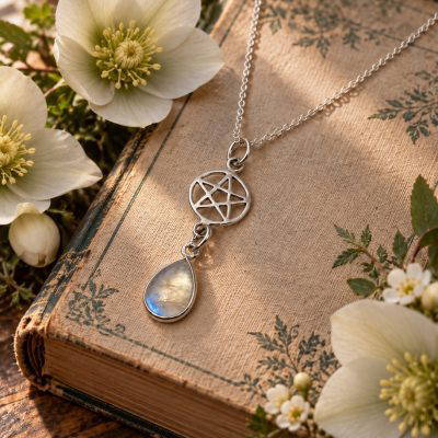 Moonstone - Rainbow Pear Drop Pentagram Necklace 2.5g
