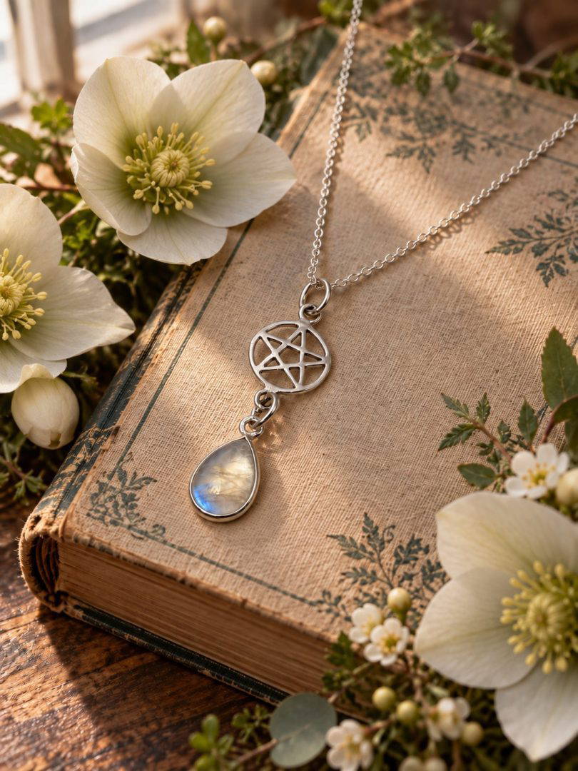Moonstone - Rainbow Pear Drop Pentagram Necklace 2.5g