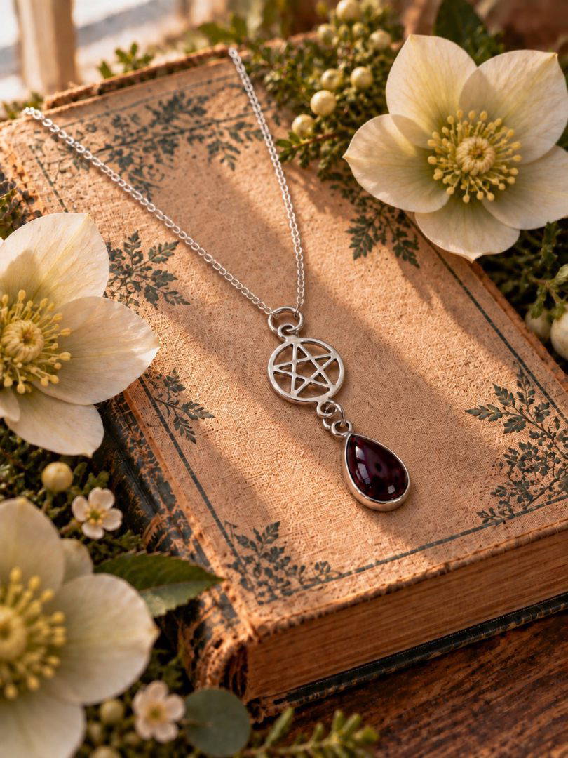 Garnet Pear Drop Pentagram Necklace 2.4g