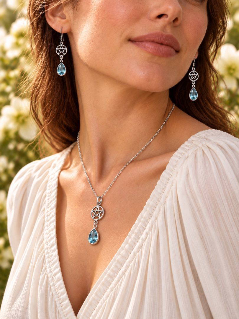 Blue Topaz Pear Drop Pentagram Necklace 2.2g - Image 2
