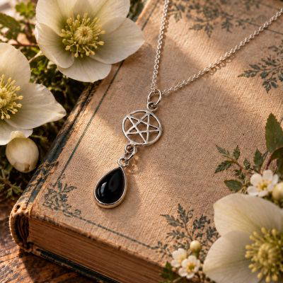 Black Obsidian Pear Drop Pentagram Necklace 2.4g