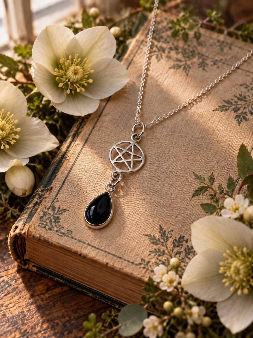 Black Obsidian Pear Drop Pentagram Necklace 2.4g